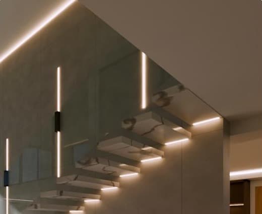 Escalera de huellas voladas en mármol con iluminación LED, Casa San Gregorio